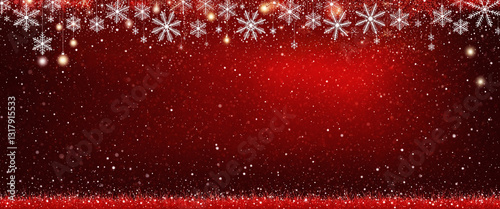 vibrant red winter backdrop with falling snowflakes and glowing lights forming an elegant festive pattern under a rich crimson sky