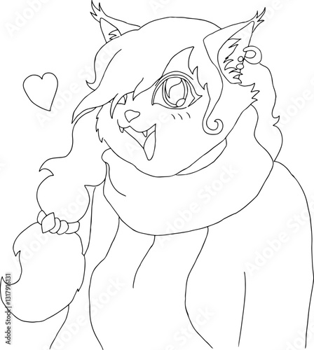 smiling neko cat girl with long hair braided with scarf tied around neck looks at the camera