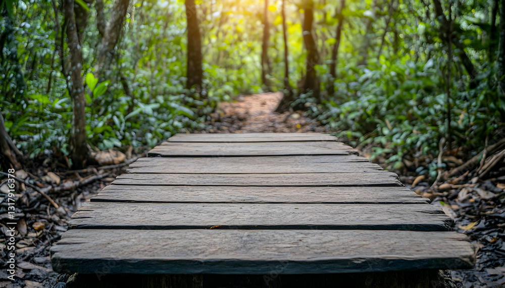 Wooden path through lush green jungle, leading to unseen destination. Tranquil nature scene perfect for relaxation or adventure themes. Wooden path through lush green jungle, leading to unseen destination. Tranquil nature scene perfect for relaxation or adventure themes.