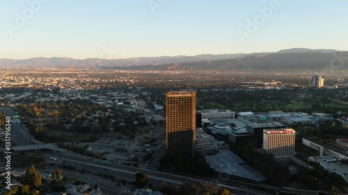 Editorial Aerial Drone View of Universal City and 101 Freeway at Sunset, Los Angeles, 2 October 2024 photo