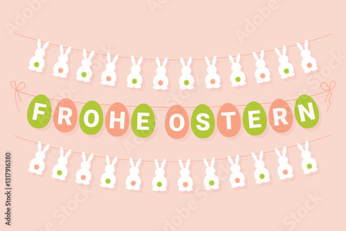 Frohe Ostern decorative garland, Happy Easter in German bunting, vector greeting card