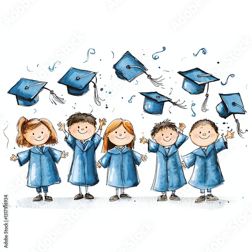 Watercolor depiction of a happy kindergarten graduation scene with kids in tiny caps and gowns, isolated on a white background, adorable and heartwarming