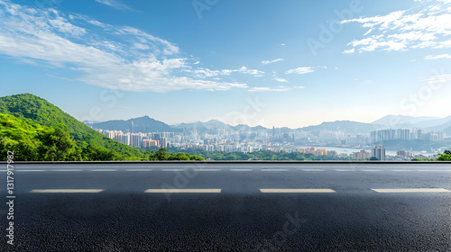 Panoramic View Of Lush Green Mountainside With Empty Asphalt Road Leading To Modern Cityscape Under Bright Blue Sky With White Clouds In Hong Kong