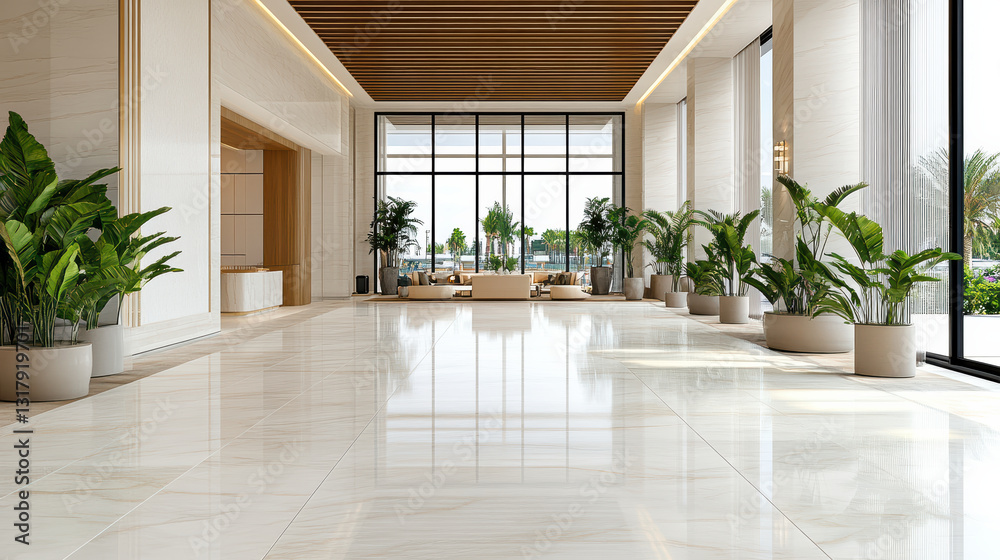 Obraz premium Luxurious airport terminal with marble floors and elegant design, featuring greenery