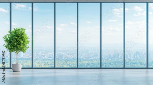 Lush Green Potted Plant on Modern Floor with Stunning Cityscape View Through Large Window Creating a Harmonious Blend of Nature and Urban Life