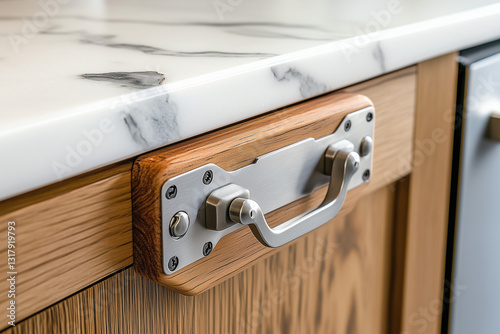 A cabinet latch combining brushed steel with wood accents blends industrial design with natural warmth for a unique finish. photo