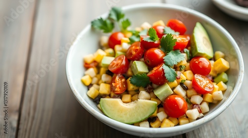 Wallpaper Mural Fresh Corn Salad with Avocado, Tomato, and Lime Dressing – Healthy Summer Meal/ A vibrant corn salad with cherry tomatoes, avocado, and cilantro, elegantly plated in a ceramic bowl Torontodigital.ca