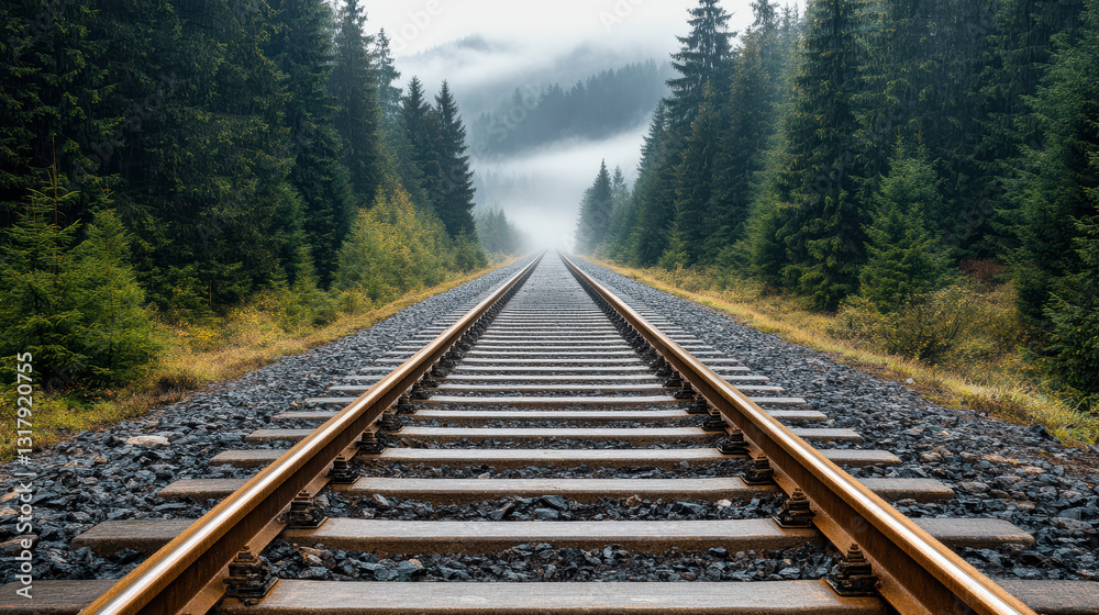 Fototapeta premium mysterious railway stretching into foggy forest landscape