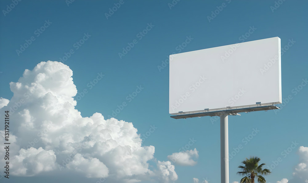 Blank billboard against blue sky with clouds and palm tree nearby Blank billboard against blue sky with clouds and palm tree nearby