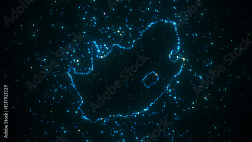 Glowing digital particle representation of South Africa map, featuring blue sparkling dots on a dark background, giving a futuristic and tech-inspired aesthetic.