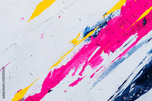 Fluorescent paint streaks on a snow-white surface, creating a vibrant, energetic contrast in an artistic design.