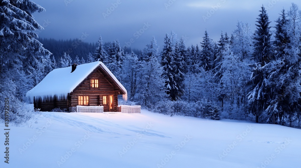 Secluded Winter Cabin in a Snowy Forest at Twilight, Peaceful Winter Wonderland Escape Secluded Winter Cabin in a Snowy Forest at Twilight, Peaceful Winter Wonderland Escape