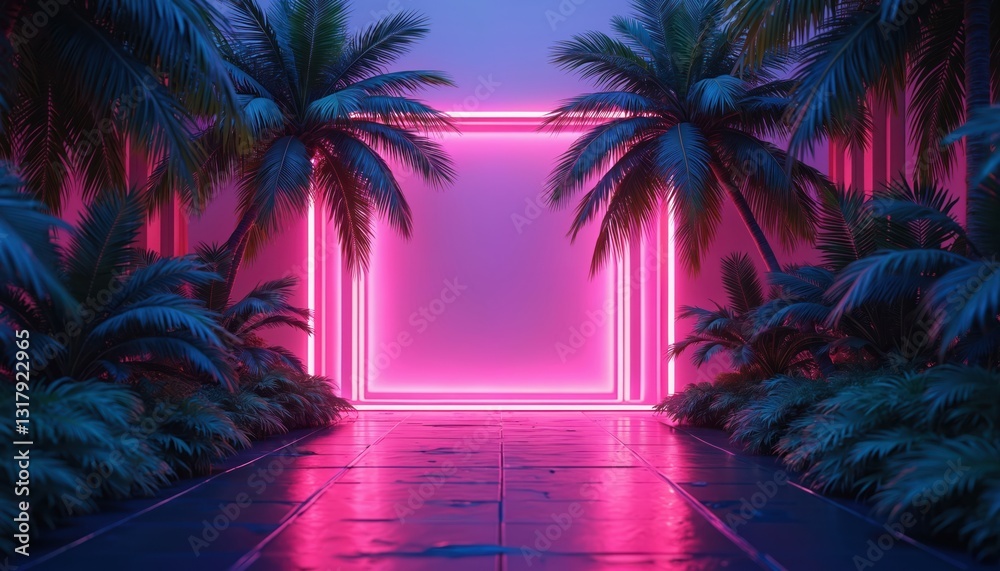 Fototapeta premium Retro illustration of tropical neon glowing frame background with palm trees. Futuristic summer night travel design in Miami style. Abstract vintage holiday landscape, trendy nightclub art.