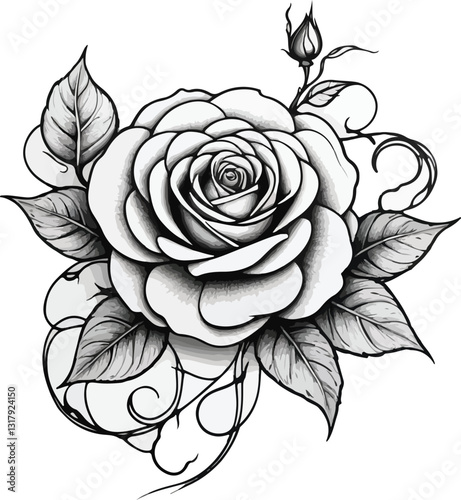 Wallpaper Mural Detailed Rose Illustration with Leaves and Buds Torontodigital.ca