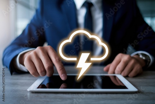 Businessman using tablet, with glowing cloud and lightning bolt icon above, suggesting cloud computing power and speed.