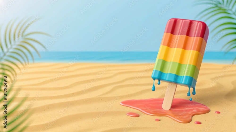 Rainbow popsicle melting on sandy beach, ocean view with palm trees in the background. Rainbow popsicle melting on sandy beach, ocean view with palm trees in the background.
