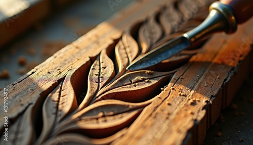 Skilled artisan carving leaf motif for DIY websites, craft blogs, and creative inspiration photo