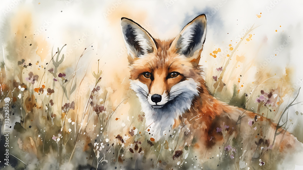 Obraz premium A fox is sitting in a field of grass