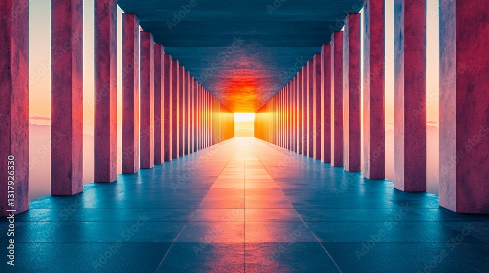 Fototapeta premium Abstract Tunnel with Red and Blue Columns at Sunset