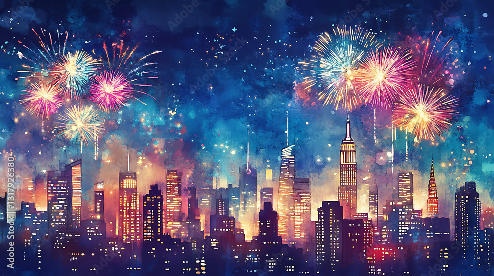 A city skyline with fireworks in the background A city skyline with fireworks in the background