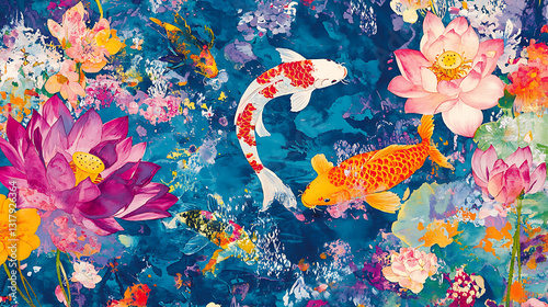 A painting of a pond with a lot of fish and flowers