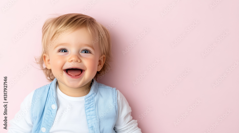 Naklejka premium Happy baby with playful expression on light pink background