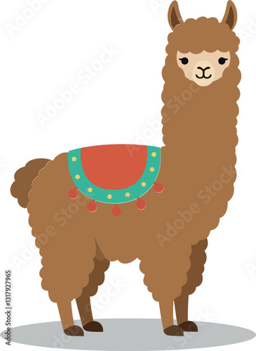 A cheerful brown llama with a colorful saddle standing proudly in a flat, minimal design style vector illustration