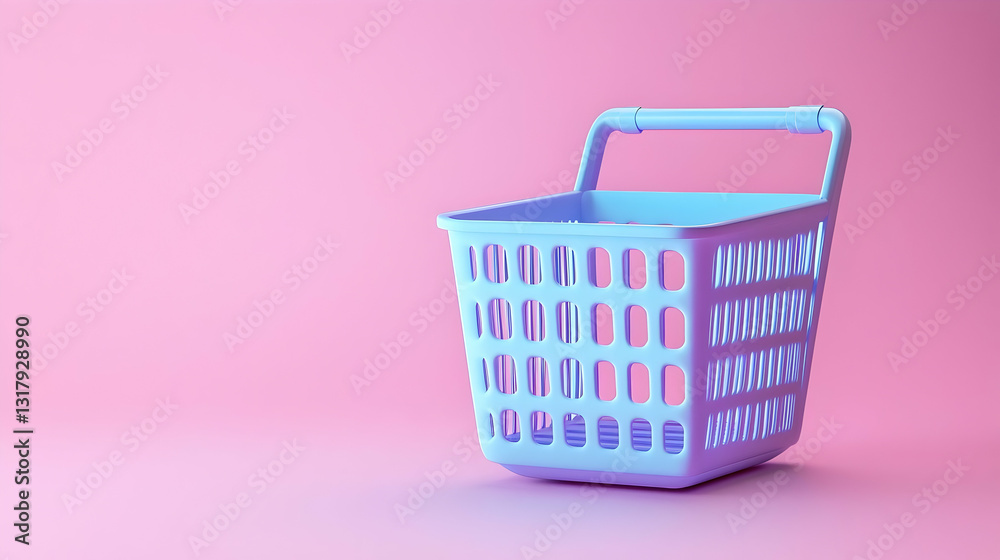 Fototapeta premium Isolated Blue Shopping Cart Against A Pink Background Illustrating Retail Purchase And Consumerism