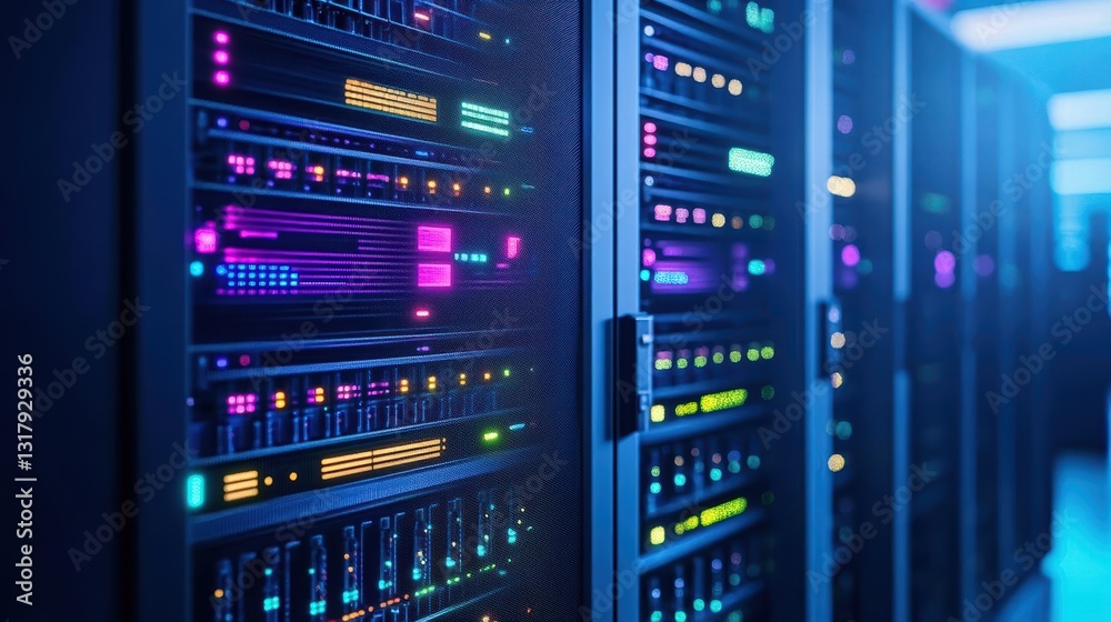 A Row of High-Performance Servers in a Modern Data Center Illuminated by Soft LED Lights Creating a Cool and Technologically Advanced Atmosphere A Row of High-Performance Servers in a Modern Data Center Illuminated by Soft LED Lights Creating a Cool and Technologically Advanced Atmosphere