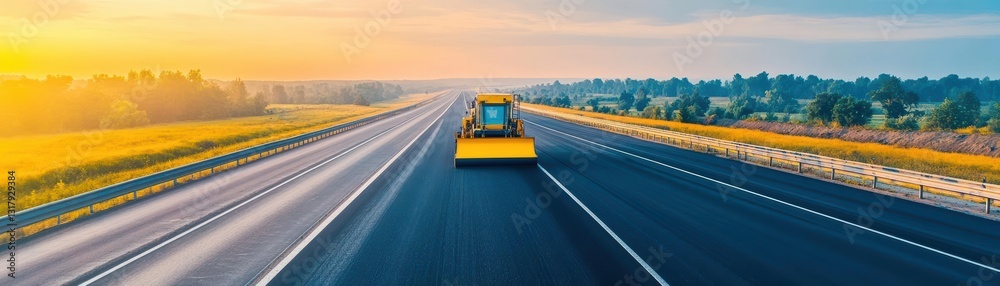 A Truck Navigating a Scenic Highway at Dusk with a Vibrant Sunset Casting Warm Hues over the Open Road in a Peaceful and Picturesque Landscape A Truck Navigating a Scenic Highway at Dusk with a Vibrant Sunset Casting Warm Hues over the Open Road in a Peaceful and Picturesque Landscape