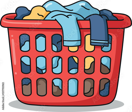 A colorful laundry basket filled with assorted clothing items designed in a flat style, showcasing everyday domestic life in vibrant vector art
