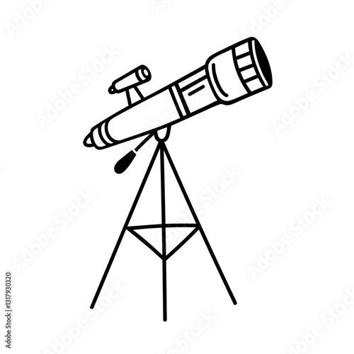 Telescope with lenses on tripod, vector icon. Scientific instrument for planetarium. Watch stars, galaxy, space. Equipment for astronomy, astrology. Hand drawn black and white doodle, isolated clipart