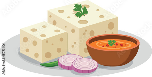 Freshly prepared paneer cubes alongside vibrant onion slices and a bowl of rich curry in flat vector art