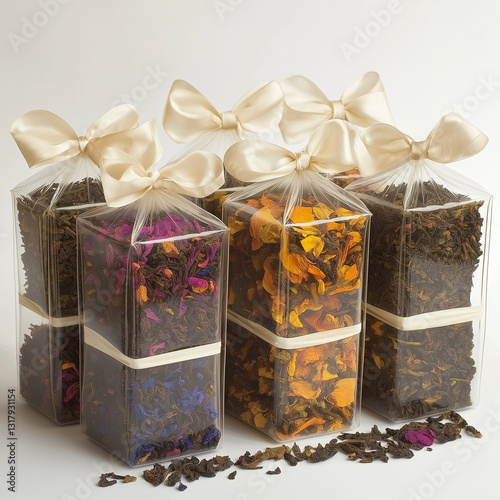 Beautiful gourmet tea assortment wrapped in clear film, presenting an elegant and luxurious tea-drinking experience