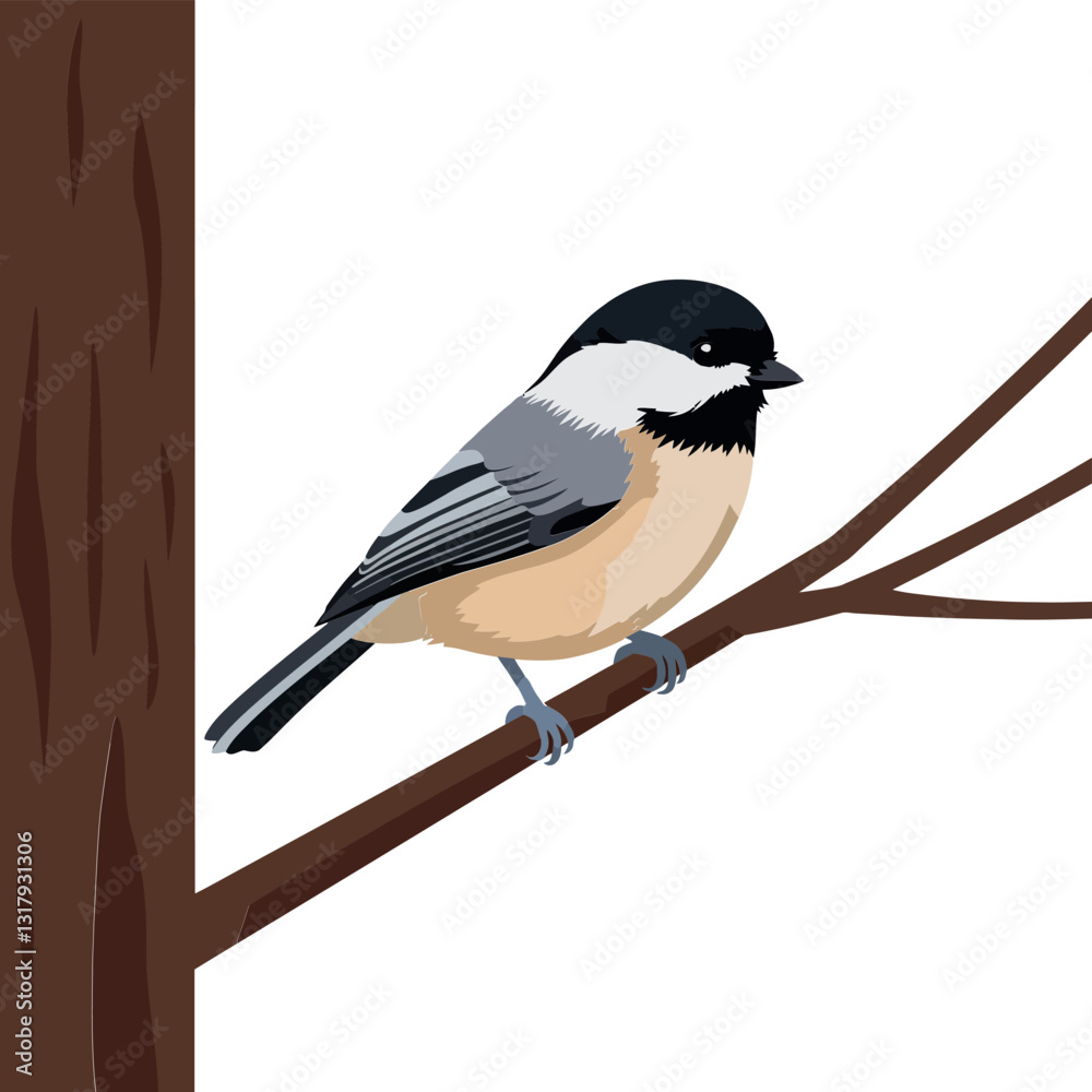 Fototapeta premium A small bird perched on a branch in a flat design style showcasing detailed feathers and natural colors in vector art