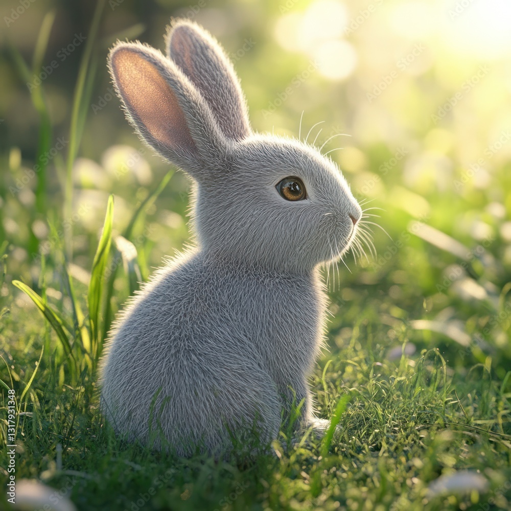Fototapeta premium Grey bunny sitting in sunlit meadow