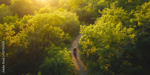 Person cycling on a Sunlit Forest Trail Surrounded by Greenery