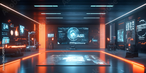 Futuristic High-Tech Control Room with Digital Interfaces