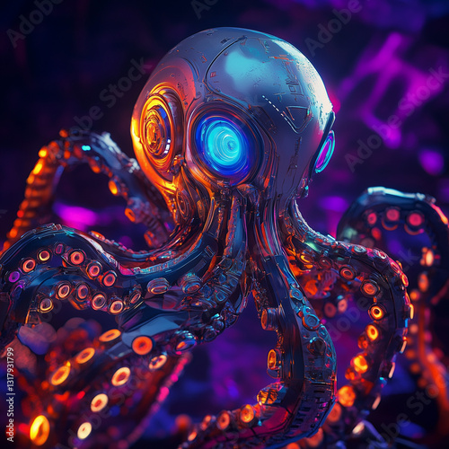 Striking Silver-Plated Robot Octopus Illuminated with Neon Blue Highlights for Bold Futuristic Underwater Imagery Visuals