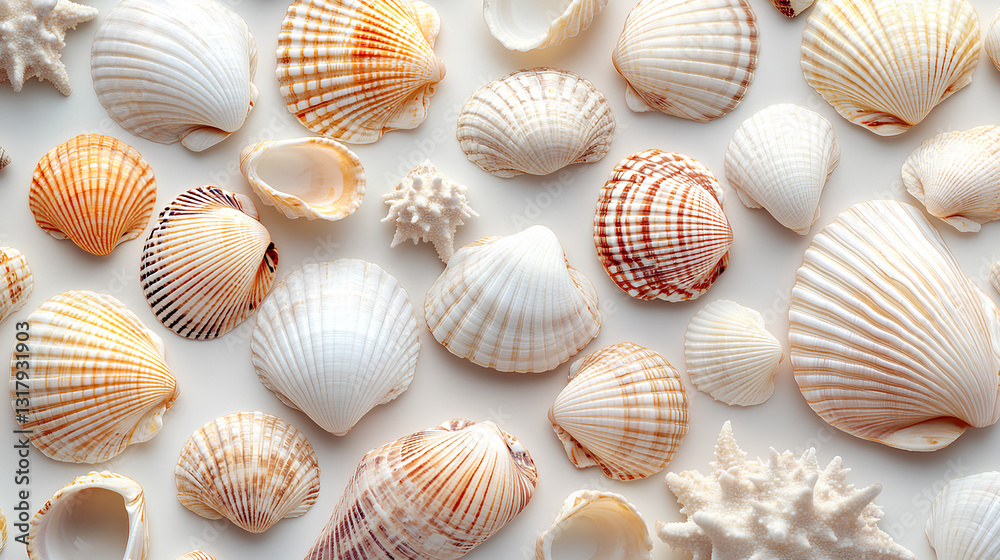 Close-up of various seashells on a sandy surface with delicate textures and natural tones Close-up of various seashells on a sandy surface with delicate textures and natural tones
