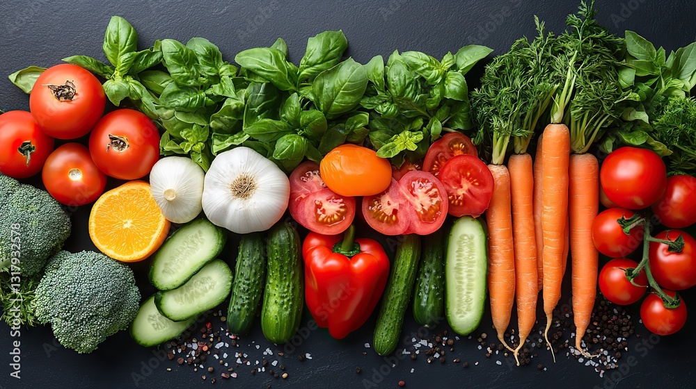 assorted vegetables like tomatoes cucumbers and carrots arranged as a colorful backdrop