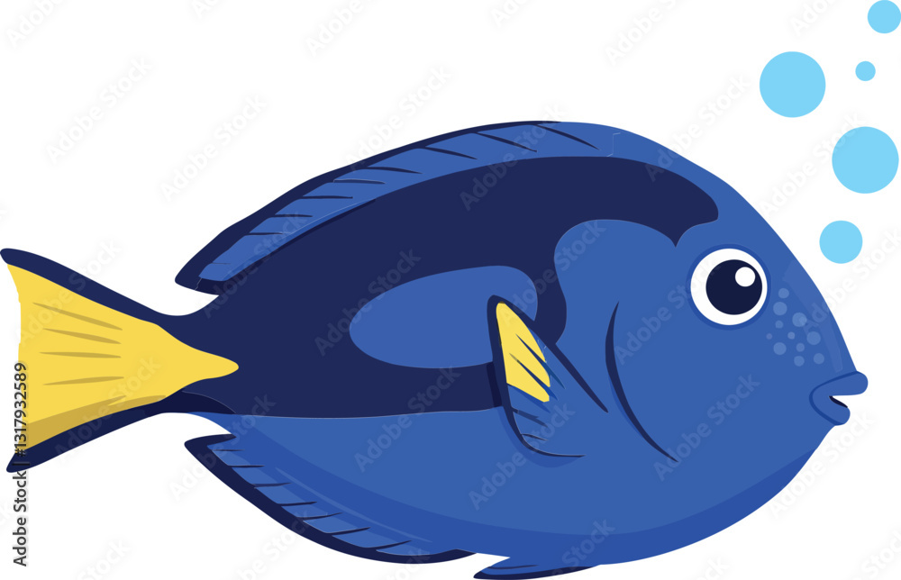 Obraz premium Bright blue tropical fish swimming gracefully in a vibrant underwater scene featuring bubbles, flat design vector art