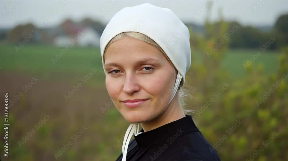 Smiling female farmer looking at the camera wearing a bonnet hat and modest outfit Smiling female farmer looking at the camera wearing a bonnet hat and modest outfit