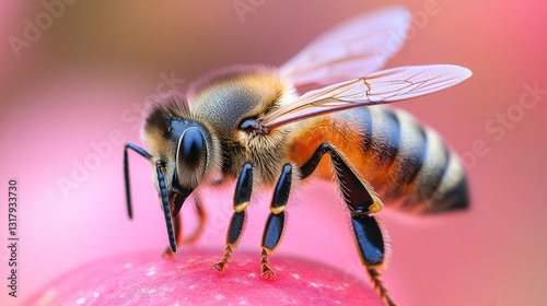 Honeybee foraging on pink flower, macro shot