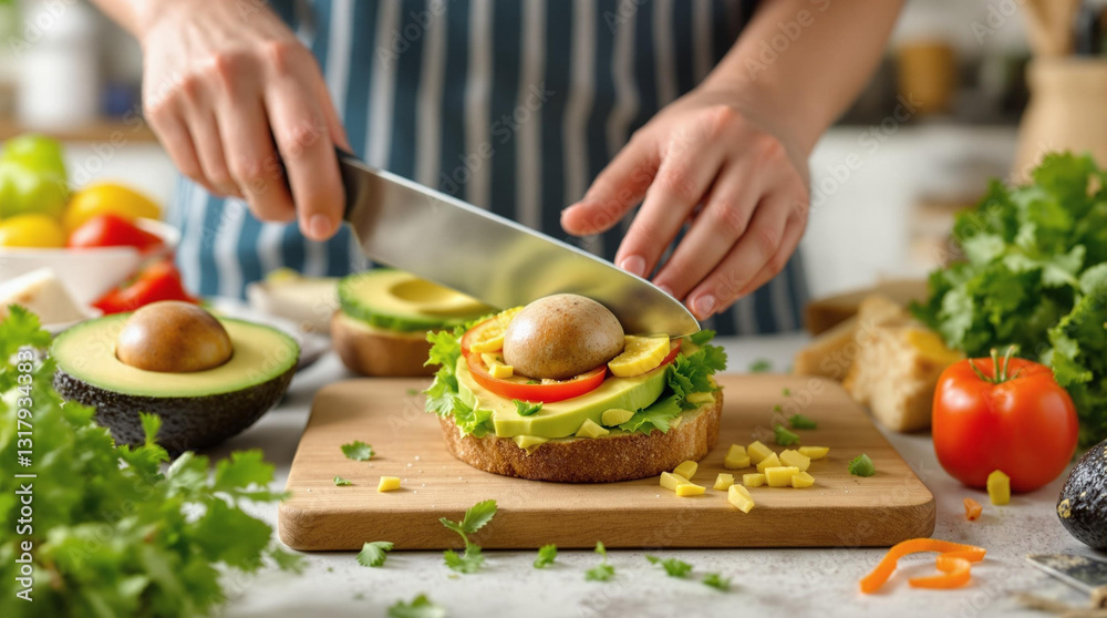 Aguacate siendo cortado y preparado con vegetales frescos y pan para un sándwich Aguacate siendo cortado y preparado con vegetales frescos y pan para un sándwich