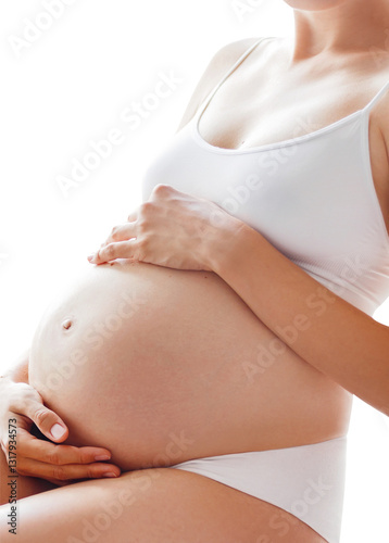 Pregnant mother touching belly with transparent background