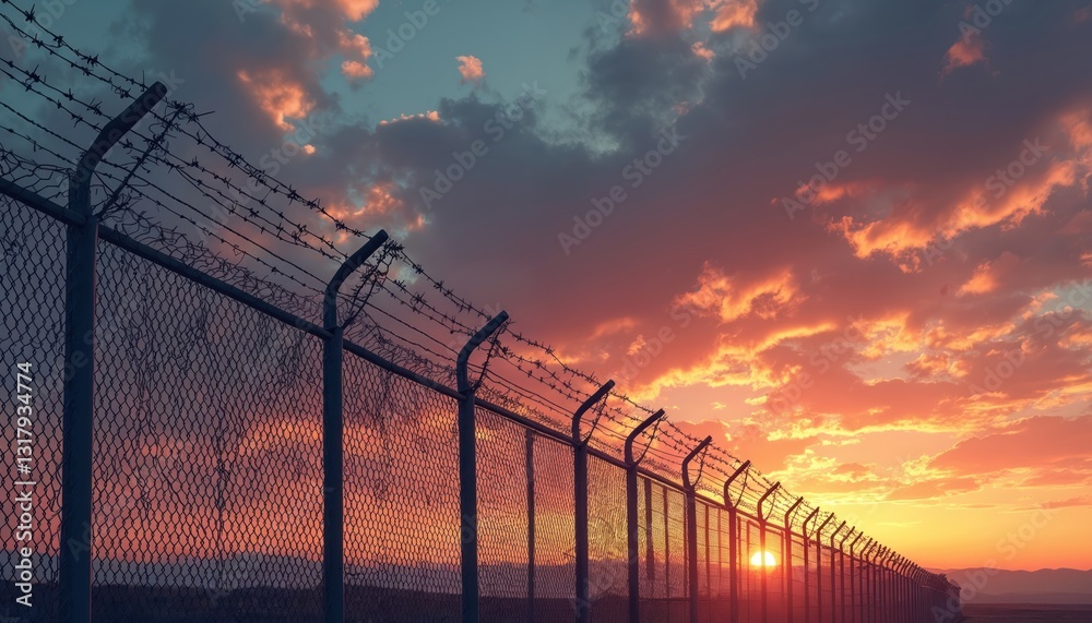 Big wire chain security fence with barbed wire on top protects the property. Metal fence against colorful sky on sunset. Security perimeter secure boundary. Industrial safety, property defense. Big wire chain security fence with barbed wire on top protects the property. Metal fence against colorful sky on sunset. Security perimeter secure boundary. Industrial safety, property defense.