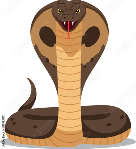 Detailed illustration of a brown cobra with hood expanded in a minimal flat design style showcasing its fierce expression, striking pose, and vibrant colors in vector art