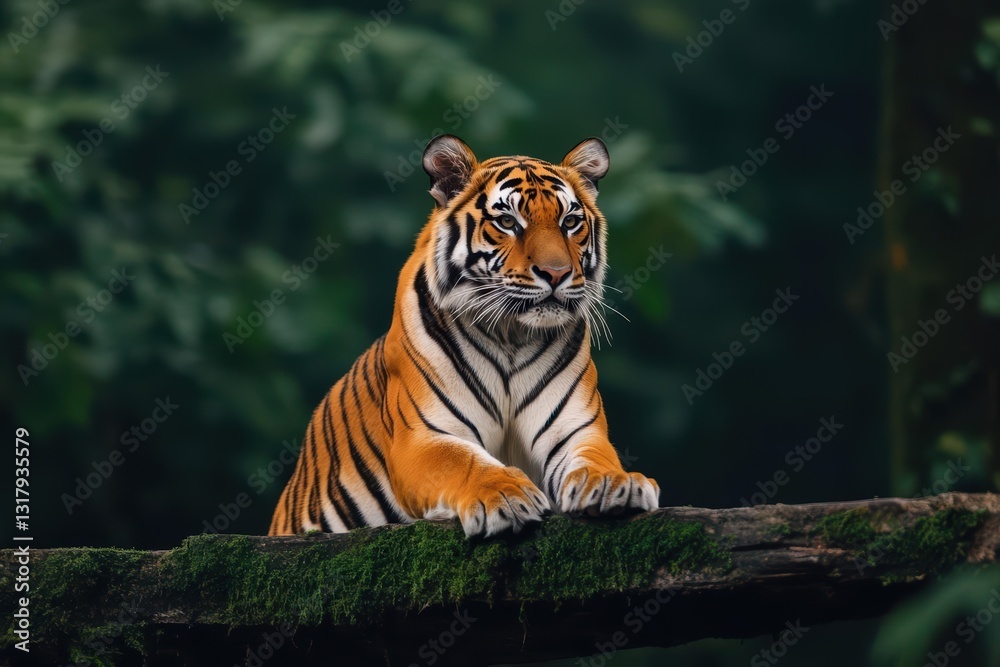 Obraz premium Majestic Tiger Gracefully Perched on a Tree Branch Surrounded by Lush Greenery Under Soft Sunlight Evoking a Sense of Wild Serenity and Power