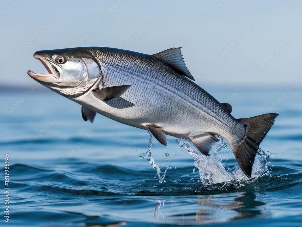 Obraz premium Leaping Salmon: A powerful salmon leaps out of the water, its silver scales gleaming in the sunlight, creating a dynamic splash as it battles the current.